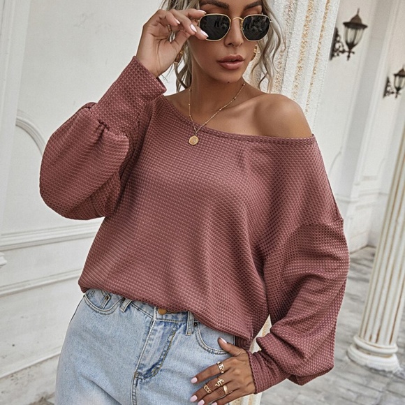 oversize off shoulder brick waffle long sleeve top - Picture 5 of 5